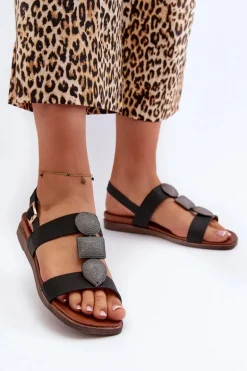 Sandały Damskie Płaskie Z Ozdobami Sergio Leone SK072H Czarne