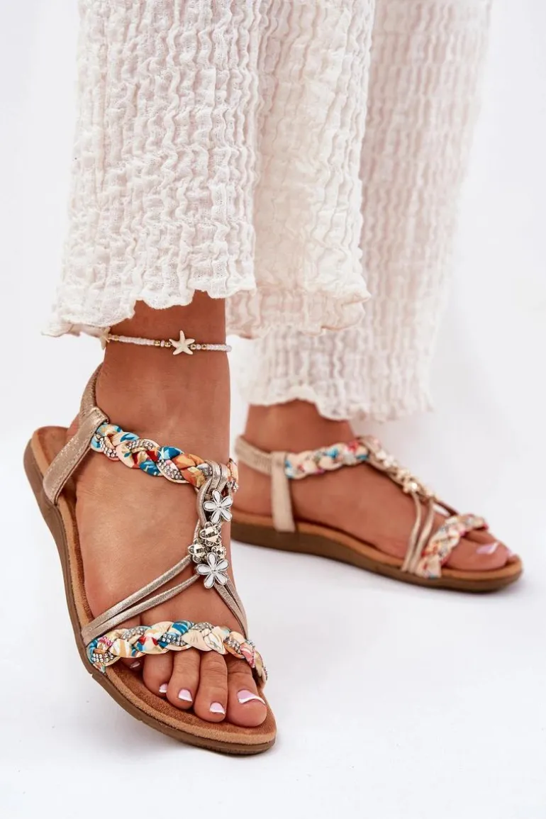 Sandały Damskie Płaskie Z Plecionymi Paskami I Przypinkami Artiker 54C1323 Złote