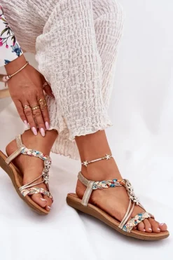 Sandały Damskie Płaskie Z Plecionymi Paskami I Przypinkami Artiker 54C1323 Złote