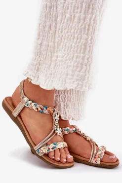 Sandały Damskie Płaskie Z Plecionymi Paskami I Przypinkami Artiker 54C1323 Złote