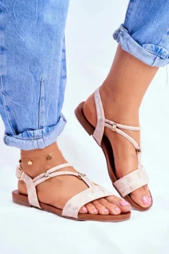 Sandały Damskie Płaskie Z Paskami i Cyrkoniami Champagne Madeline