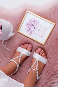 Sandały Damskie Płaskie Z Paskami i Cyrkoniami Srebrne Madeline