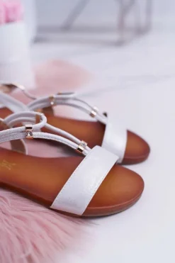 Sandały Damskie Płaskie Z Paskami i Cyrkoniami Srebrne Madeline