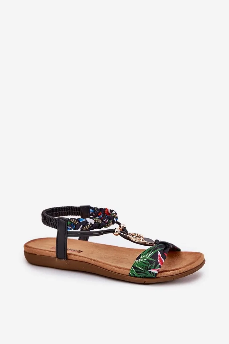 Sandały Damskie Płaskie Z Plecionymi Paskiem I Ozdobą Artiker 56C1318 Czarne