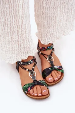 Sandały Damskie Płaskie Z Plecionymi Paskiem I Ozdobą Artiker 56C1318 Czarne