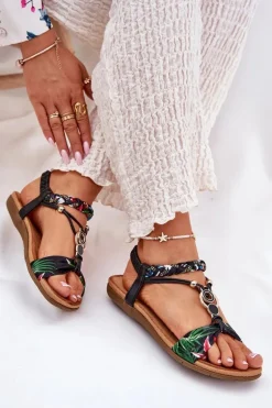 Sandały Damskie Płaskie Z Plecionymi Paskiem I Ozdobą Artiker 56C1318 Czarne