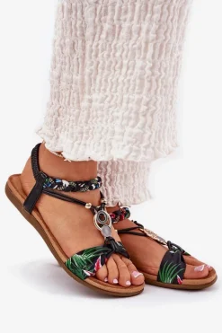 Sandały Damskie Płaskie Z Plecionymi Paskiem I Ozdobą Artiker 56C1318 Czarne