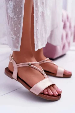 Sandały Damskie Płaskie Z Paskami i Cyrkoniami Różowe Madeline