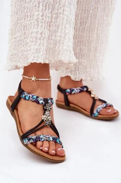 Sandały Damskie Płaskie Z Plecionymi Paskami I Przypinkami Artiker 54C1331 Czarne