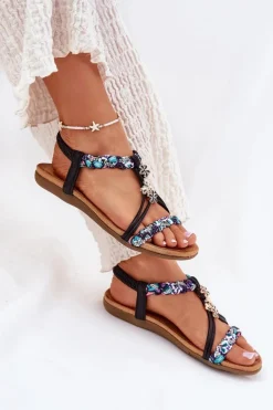 Sandały Damskie Płaskie Z Plecionymi Paskami I Przypinkami Artiker 54C1331 Czarne