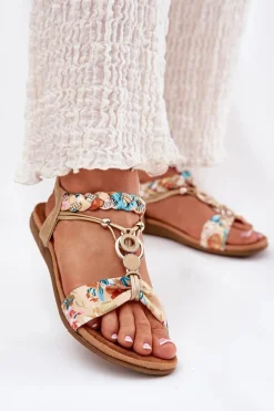 Sandały Damskie Płaskie Z Plecionymi Paskiem I Ozdobą Artiker 56C1316 Złote