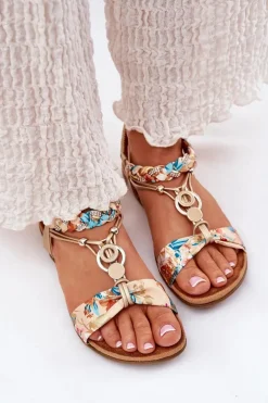 Sandały Damskie Płaskie Z Plecionymi Paskiem I Ozdobą Artiker 56C1316 Złote