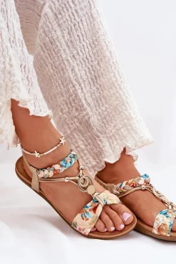 Sandały Damskie Płaskie Z Plecionymi Paskiem I Ozdobą Artiker 56C1316 Złote