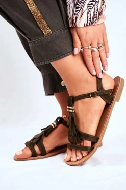 Sandały Damskie Płaskie Zamszowe Boho Oliwkowe Lucami