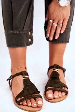 Sandały Damskie Płaskie Zamszowe Boho Oliwkowe Lucami