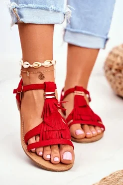 Sandały Damskie Płaskie Zamszowe Boho Czerwone Lucami