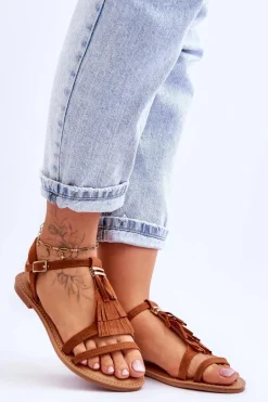 Sandały Damskie Płaskie Zamszowe Boho Brązowe Lucami