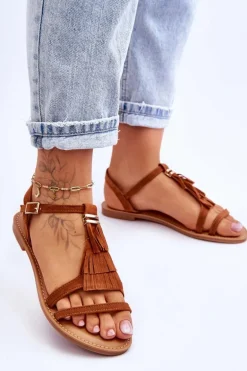 Sandały Damskie Płaskie Zamszowe Boho Brązowe Lucami