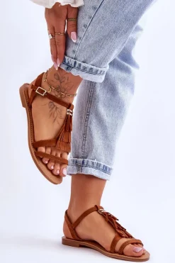 Sandały Damskie Płaskie Zamszowe Boho Brązowe Lucami