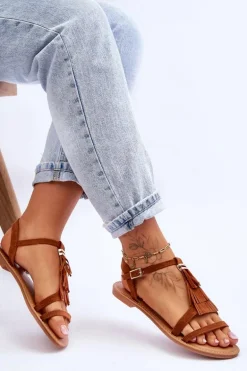 Sandały Damskie Płaskie Zamszowe Boho Brązowe Lucami