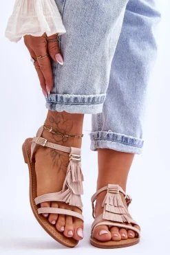 Sandały Damskie Płaskie Zamszowe Boho Beżowe Lucami