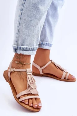 Sandały Damskie Płaskie Zamszowe Boho Beżowe Lucami