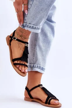 Sandały Damskie Płaskie Zamszowe Boho Czarne Lucami