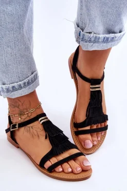 Sandały Damskie Płaskie Zamszowe Boho Czarne Lucami