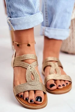 Sandały Damskie Płaskie Złote Rachel