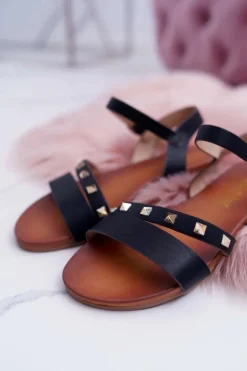 Sandały Damskie Płaskie Złote Ćwieki Czarne Raven