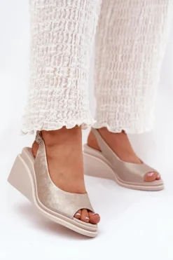 Sandały Damskie Skórzane Na Koturnie S.Barski LR51-539 Złote