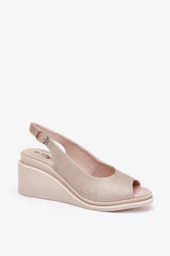 Sandały Damskie Skórzane Na Koturnie S.Barski LR51-539 Złote