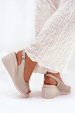 Sandały Damskie Skórzane Na Koturnie S.Barski LR51-539 Złote