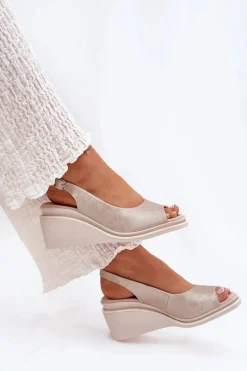 Sandały Damskie Skórzane Na Koturnie S.Barski LR51-539 Złote