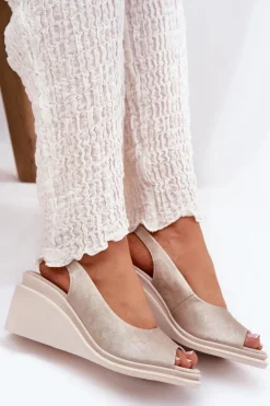 Sandały Damskie Skórzane Na Koturnie S.Barski LR51-539 Złote