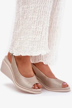 Sandały Damskie Skórzane Na Koturnie S.Barski LR51-539 Złote