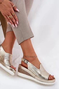 Sandały Damskie Skórzane Na Koturnie Artiker 56C0920 Złote