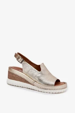 Sandały Damskie Skórzane Na Koturnie Artiker 56C0920 Złote