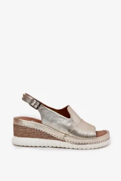 Sandały Damskie Skórzane Na Koturnie Artiker 56C0920 Złote