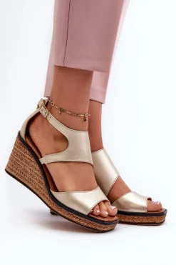 Sandały Damskie Skórzane Na Koturnie Maciejka 06657-25 Złote