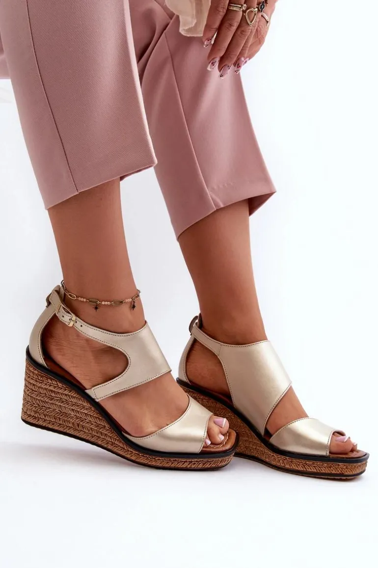 Sandały Damskie Skórzane Na Koturnie Maciejka 06657-25 Złote