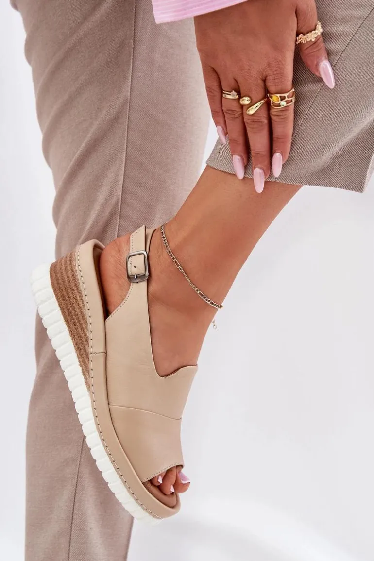 Sandały Damskie Skórzane Na Koturnie Artiker 56C0919 Beżowe