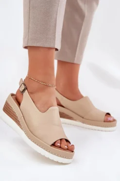 Sandały Damskie Skórzane Na Koturnie Artiker 56C0919 Beżowe
