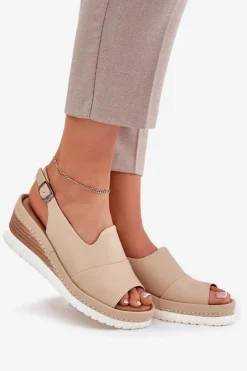 Sandały Damskie Skórzane Na Koturnie Artiker 56C0919 Beżowe