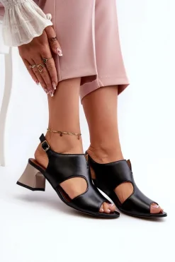 Sandały Damskie Skórzane Na Obcasie Maciejka 06566-01 Czarne