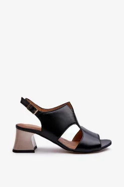 Sandały Damskie Skórzane Na Obcasie Maciejka 06566-01 Czarne