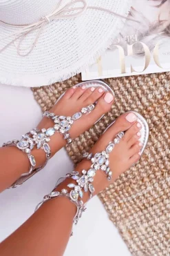 Sandały Damskie Srebrne z Kryształkami Ywena