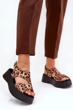 Sandały Damskie W Panterkę Na Platformie Eko Zamszowe Brązowe Karonia