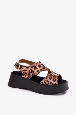 Sandały Damskie W Panterkę Na Platformie Eko Zamszowe Brązowe Karonia