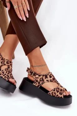Sandały Damskie W Panterkę Na Platformie Eko Zamszowe Brązowe Karonia